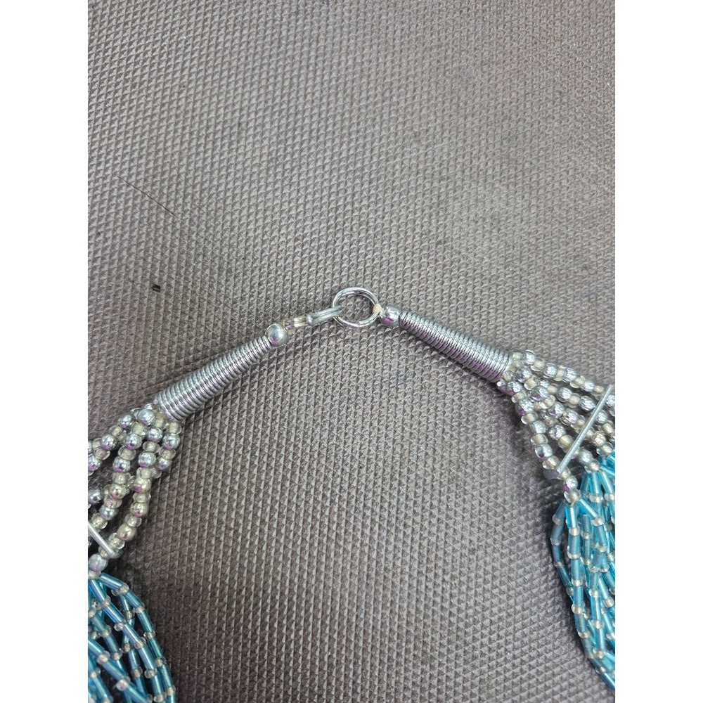 Beaded Necklace Turquoise Blue Silver Multi-Strand Statement Jewelry - Picture 2 of 6